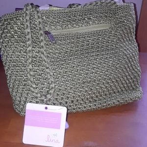 A bright green hand bag